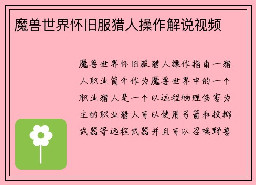 魔兽世界怀旧服猎人操作解说视频
