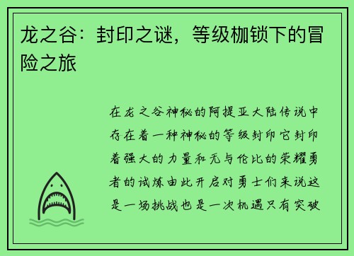 龙之谷：封印之谜，等级枷锁下的冒险之旅